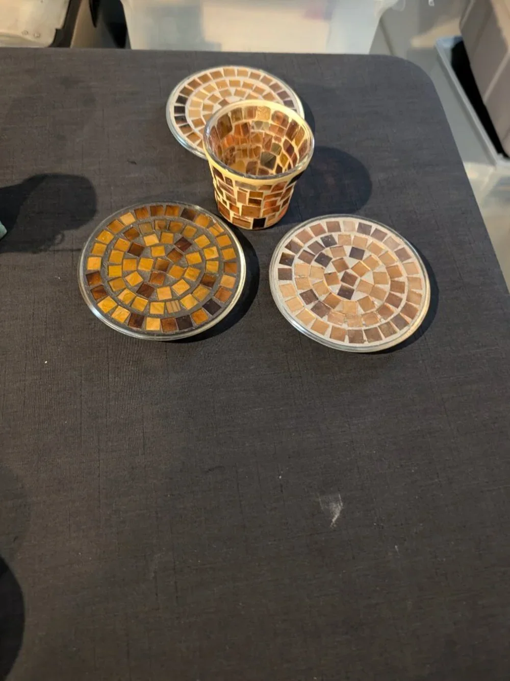 Vintage Pier 1 & Linens N Things Mosaic Glass Candle Holder 4pc Lot Brown Gold